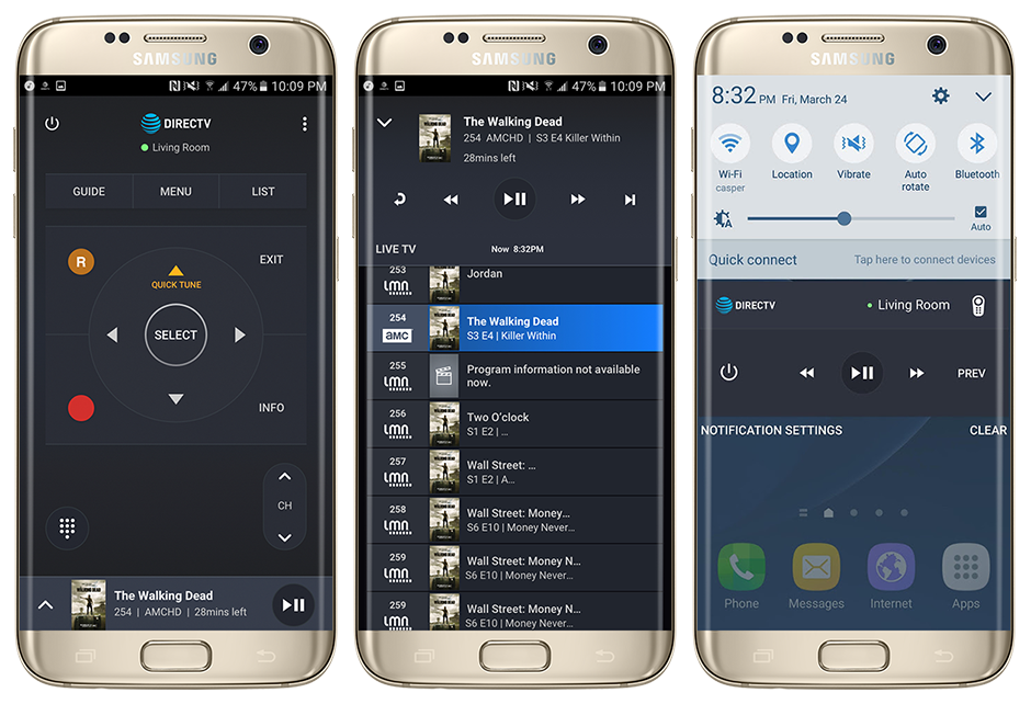 3 screenshots of DIRECTV Remote app on an Android phone. Leftmost screenshot shows app's main screen and controls to change channels, play/pause, browse through channels, record, get info, view guide, power on and off, and more. Middle screenshot shows browsing through the channel guide with play/pause, fast-forward, rewind, and skip functionality. Rightmost screenshot shows mini player in Android notification drawer that allows people to control their DIRECTV box without even opening the app.