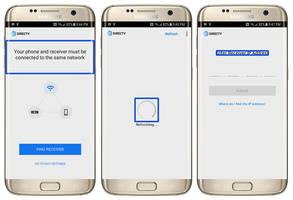 3 screenshots of the DIRECTV Remote app showing support for Android screen readers during Wi-Fi onboarding, page refreshing, and receiver IP address entry.