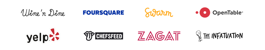 Grid of 8 logos in 2 rows including Wine 'n Dine and 7 of its main competitors. In top row from left to right is Wine 'n Dine, Foursquare, Swarm, and OpenTable. In bottom row from left to right is Yelp, ChefsFeed, Zagat, and The Infatuation.